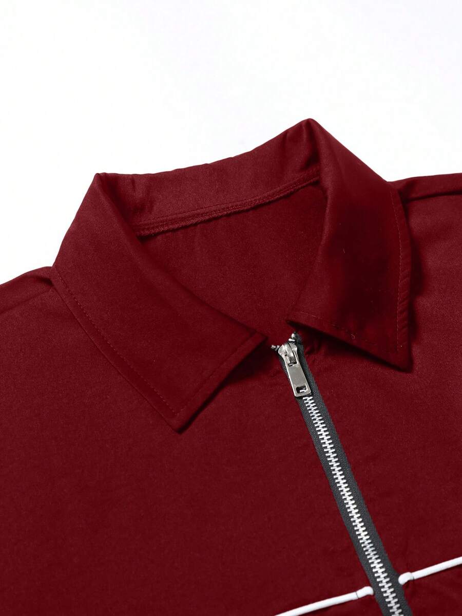 STYNVO Conjunto de Camisa de Manga Curta com Zíper e Estampa de Letra e Contraste de Pesponto e Shorts com Cordão na Cintura, Casual, Moda de Rua, Uso Diário, Verão