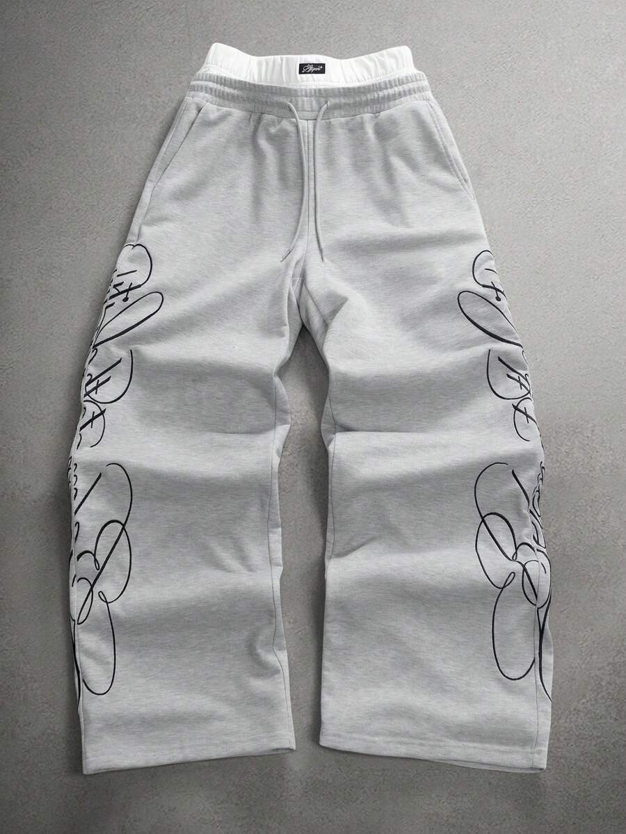 STYNVO Calça Masculina com Estampa de Letra, Cintura com Cordão e Bolso, Perna Larga