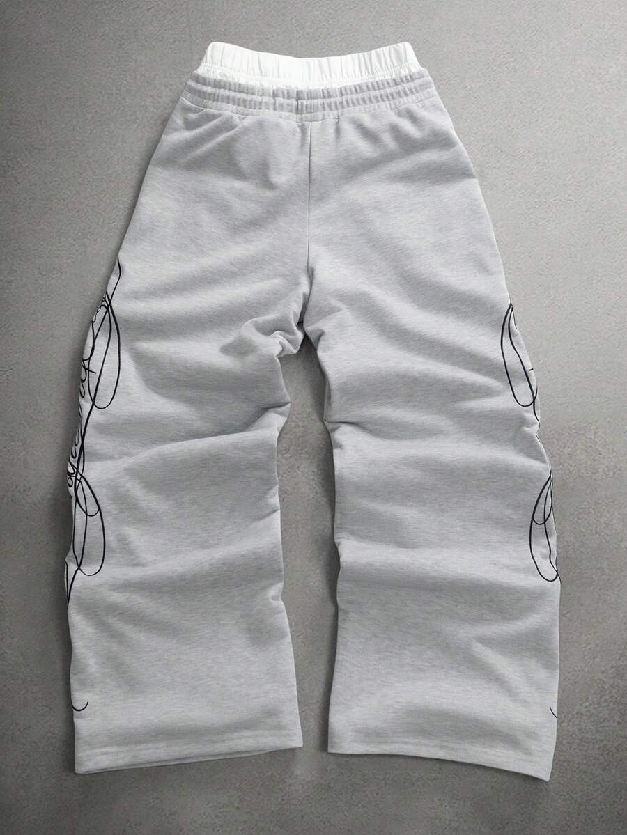STYNVO Calça Masculina com Estampa de Letra, Cintura com Cordão e Bolso, Perna Larga