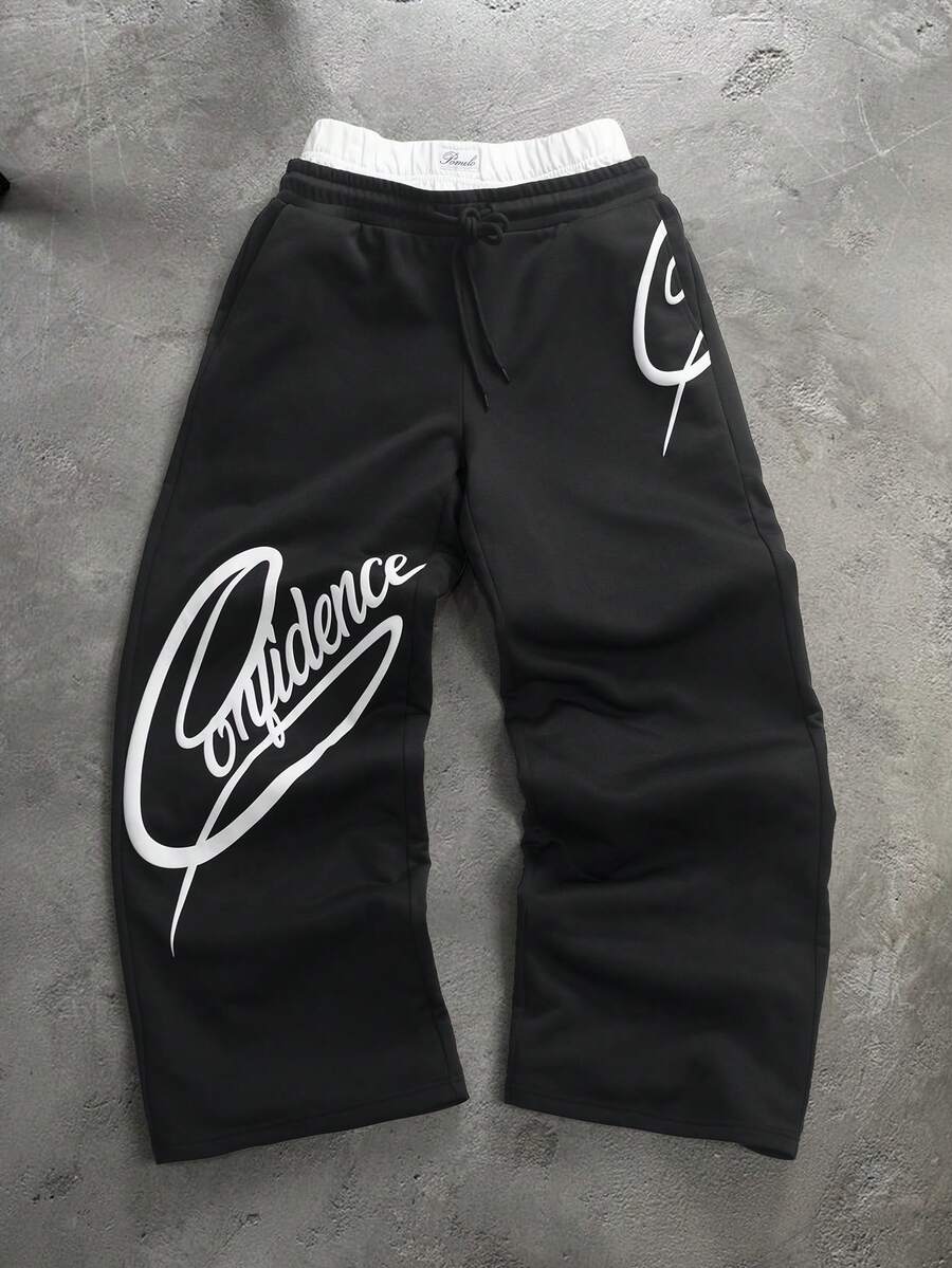 STYNVO Calça Masculina com Estampa de Letra, Cintura com Cordão e Bolso, Perna Larga