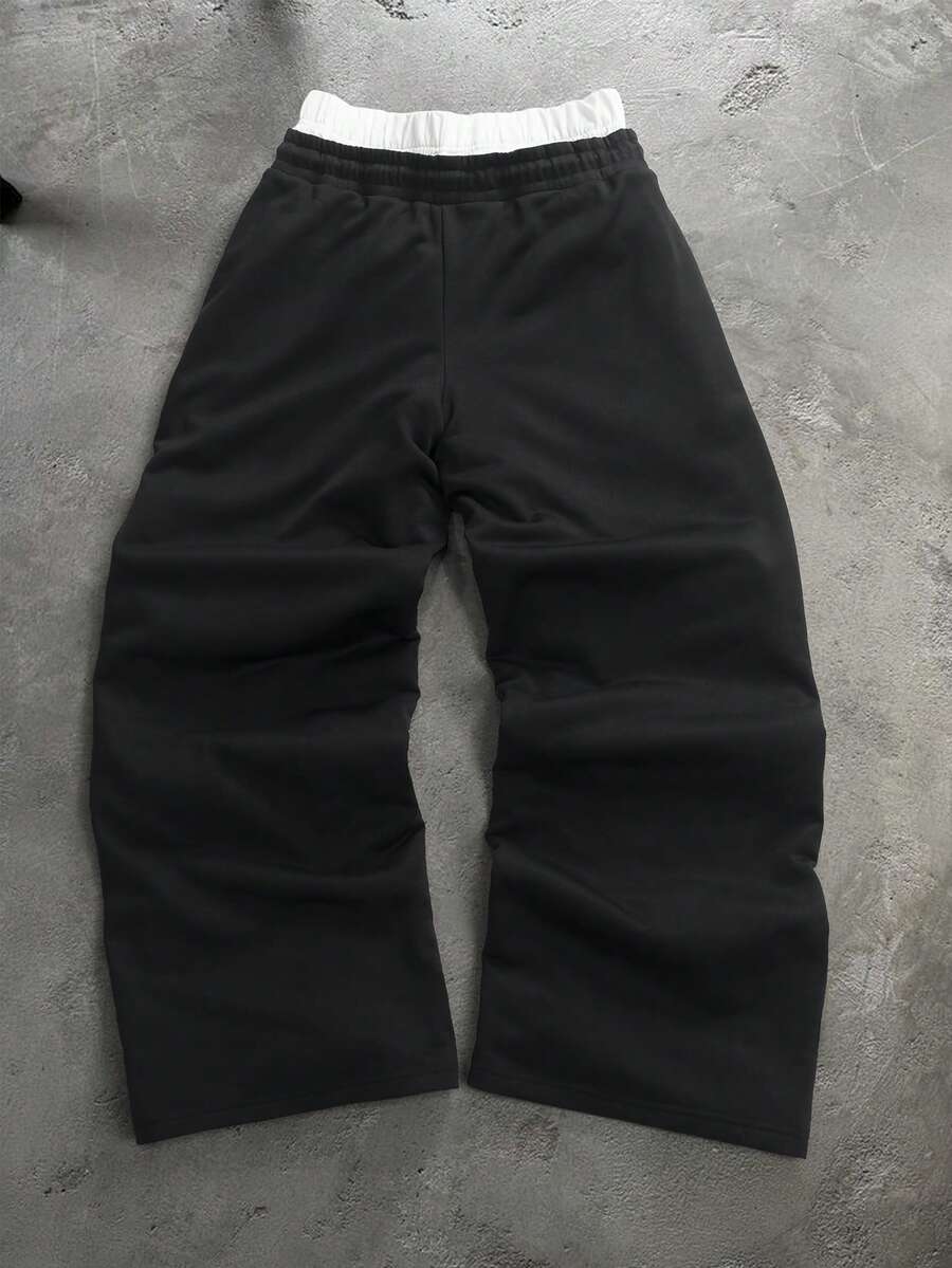 STYNVO Calça Masculina com Estampa de Letra, Cintura com Cordão e Bolso, Perna Larga