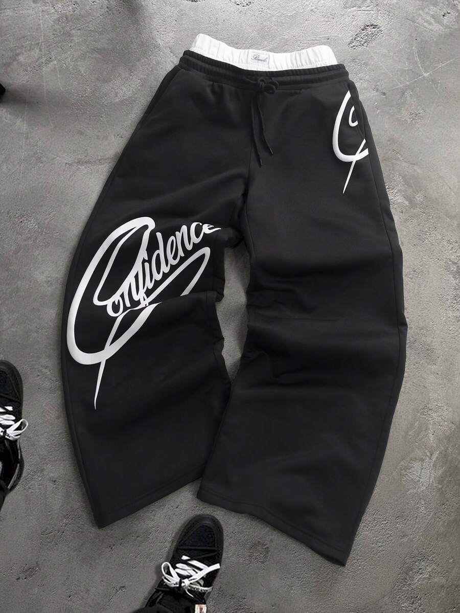 STYNVO Calça Masculina com Estampa de Letra, Cintura com Cordão e Bolso, Perna Larga