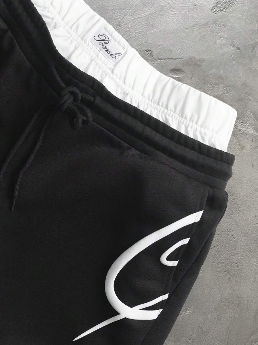 STYNVO Calça Masculina com Estampa de Letra, Cintura com Cordão e Bolso, Perna Larga