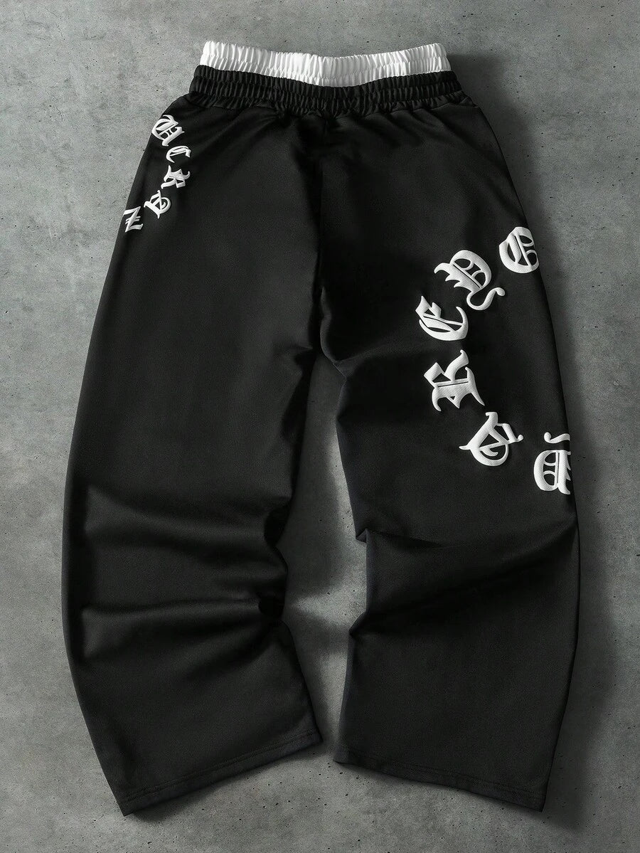 STYNVO Calça Masculina com Estampa de Letra, Cintura com Cordão e Bolso, Perna Larga