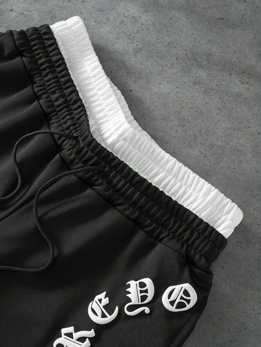 STYNVO Calça Masculina com Estampa de Letra, Cintura com Cordão e Bolso, Perna Larga