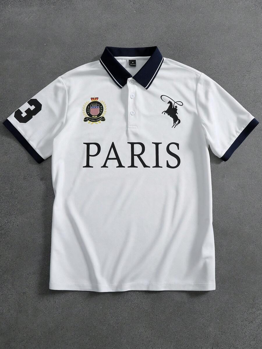 STYNVO Camisa Polo Masculina Versátil com Estampa de Letra, Listras e Contraste de Cor, Botões e Meio Bolso