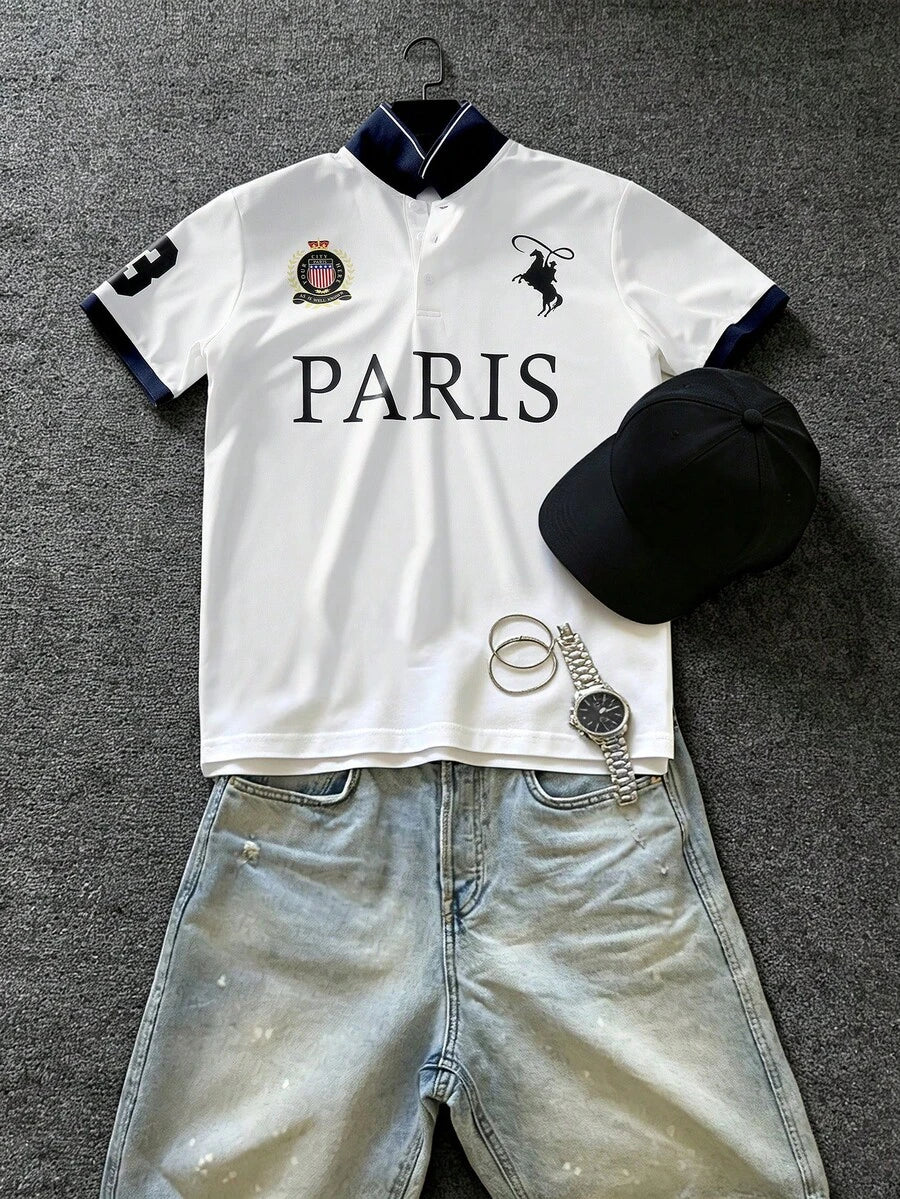 STYNVO Camisa Polo Masculina Versátil com Estampa de Letra, Listras e Contraste de Cor, Botões e Meio Bolso