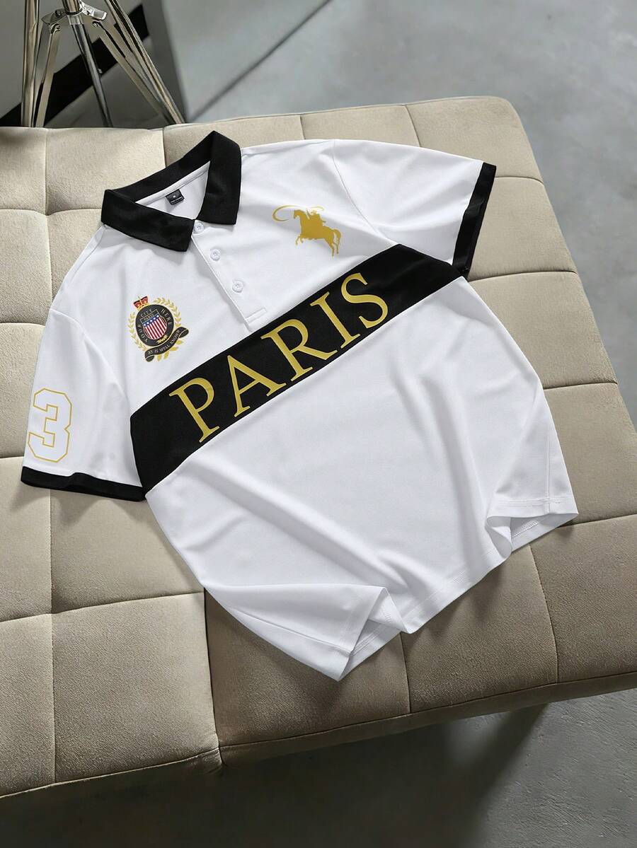 STYNVO Camisa Polo Masculina Versátil com Estampa de Letra, Listras e Contraste de Cor, Botões e Meio Bolso