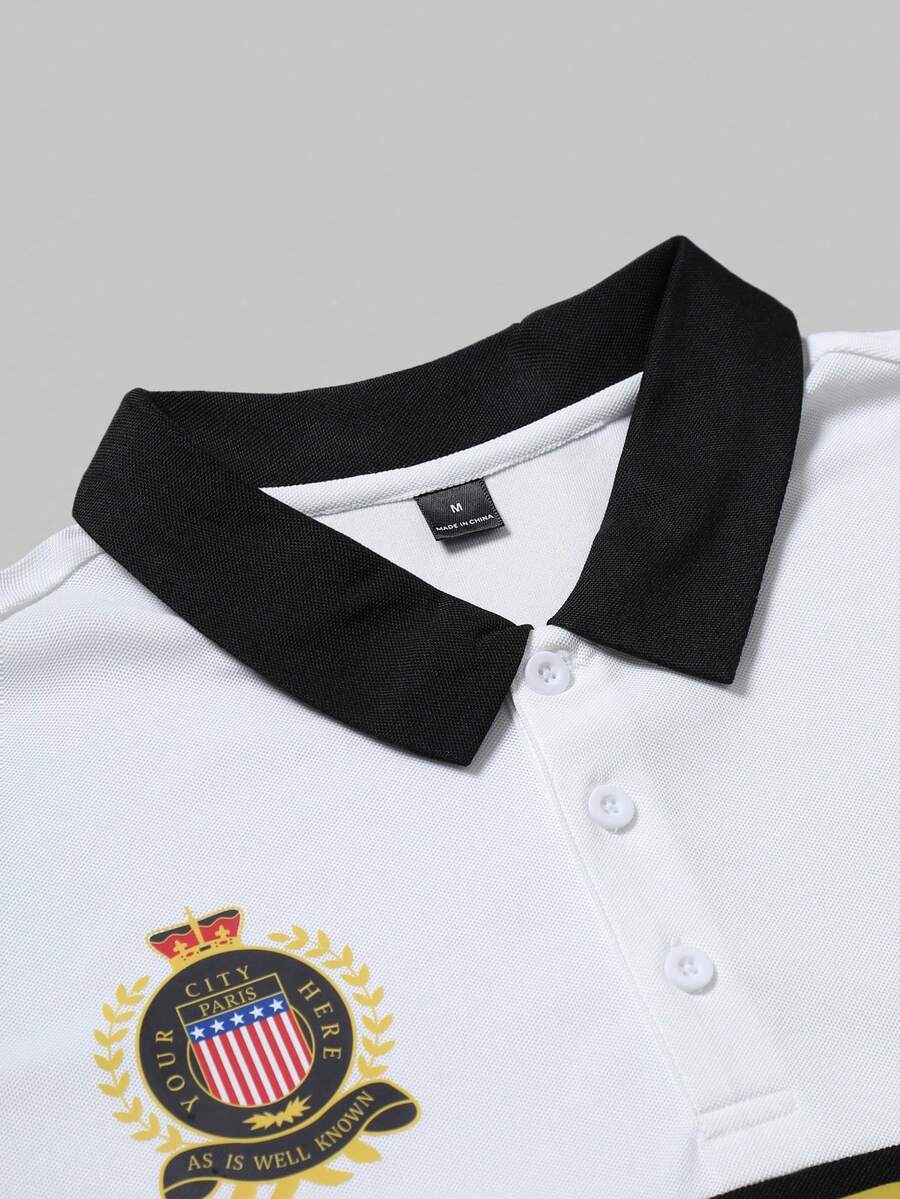 STYNVO Camisa Polo Masculina Versátil com Estampa de Letra, Listras e Contraste de Cor, Botões e Meio Bolso
