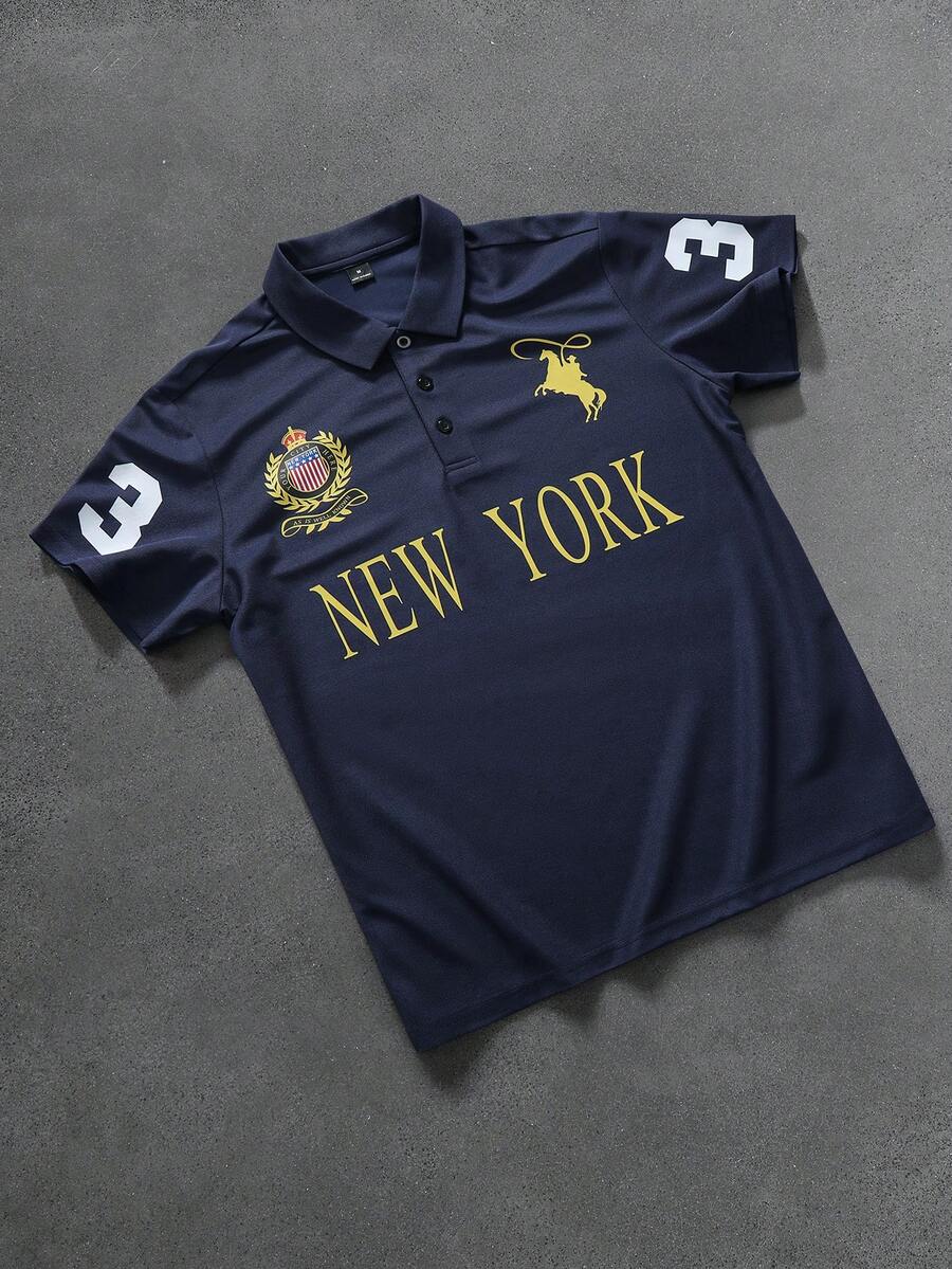 STYNVO Camisa Polo Masculina Versátil com Estampa de Letra, Listras e Contraste de Cor, Botões e Meio Bolso
