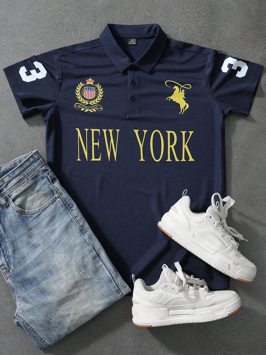 STYNVO Camisa Polo Masculina Versátil com Estampa de Letra, Listras e Contraste de Cor, Botões e Meio Bolso