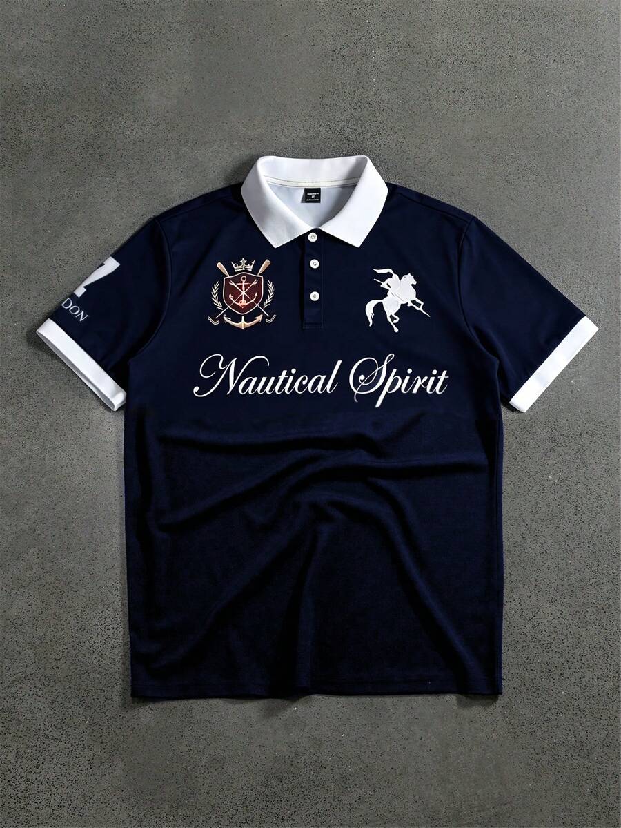 STYNVO Camisa Polo Masculina Versátil com Estampa de Letra, Listras e Contraste de Cor, Botões e Meio Bolso