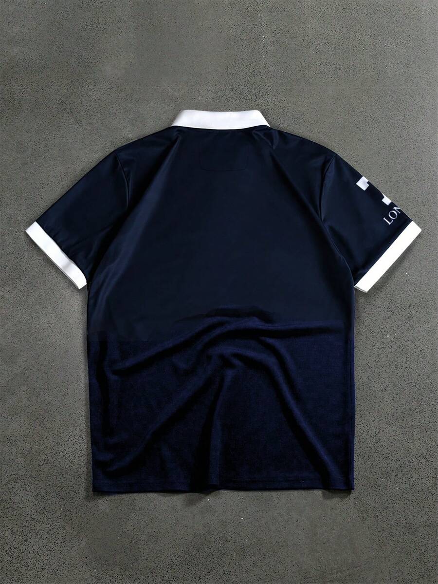 STYNVO Camisa Polo Masculina Versátil com Estampa de Letra, Listras e Contraste de Cor, Botões e Meio Bolso