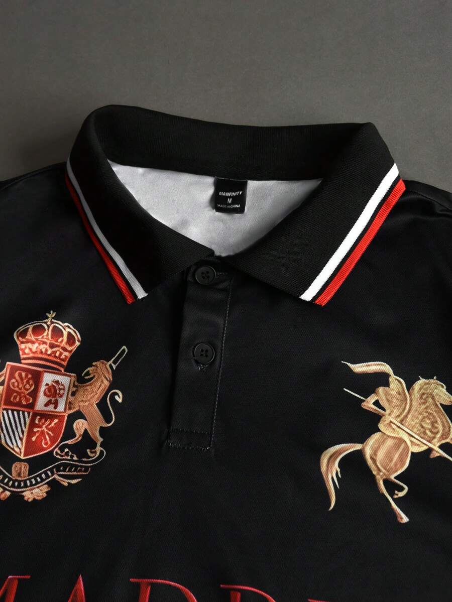 STYNVO Camisa Polo Masculina Versátil com Estampa de Letra, Listras e Contraste de Cor, Botões e Meio Bolso