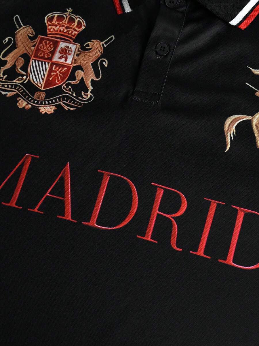 STYNVO Camisa Polo Masculina Versátil com Estampa de Letra, Listras e Contraste de Cor, Botões e Meio Bolso