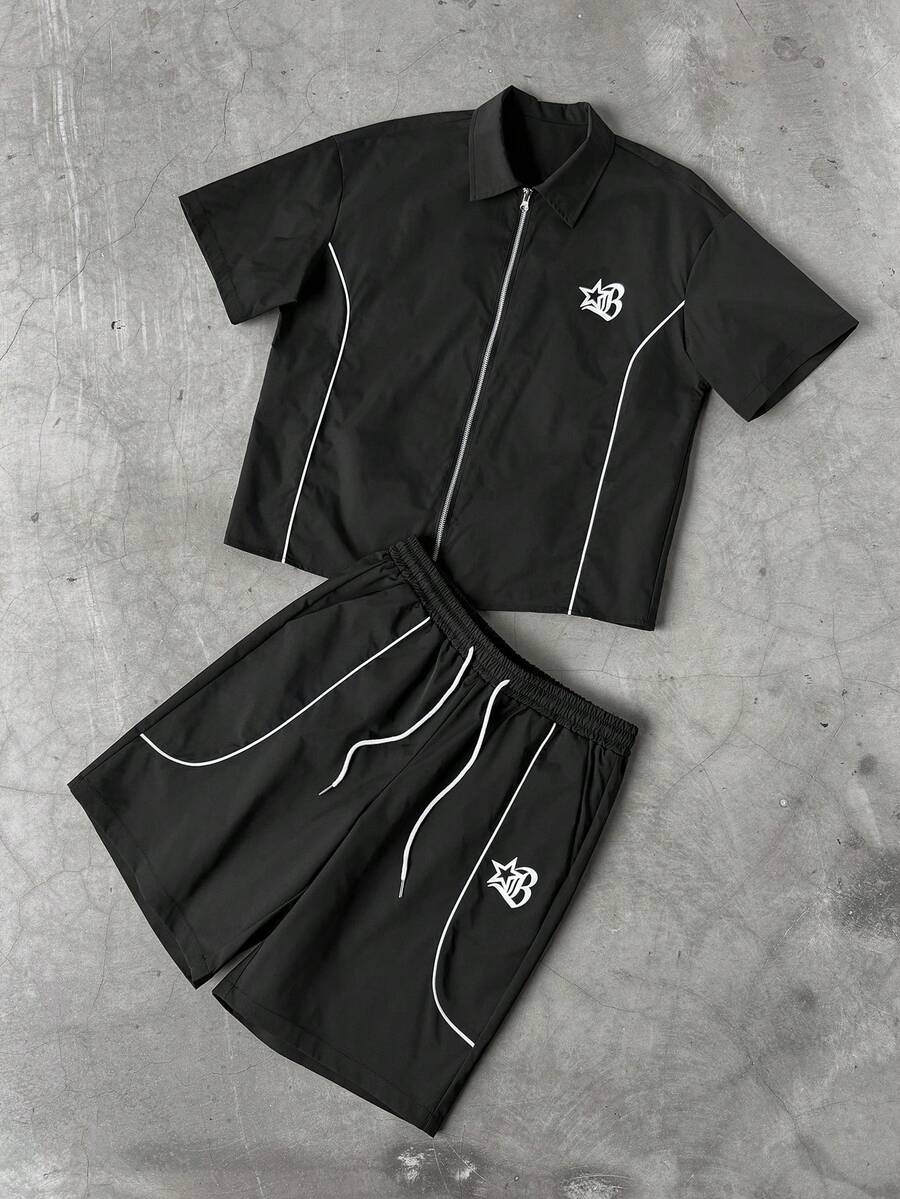 STYNVO 2 Peças/Conjunto Camisa de Manga Curta com Zíper Casual Masculina e Conjunto de Shorts com Cordão
