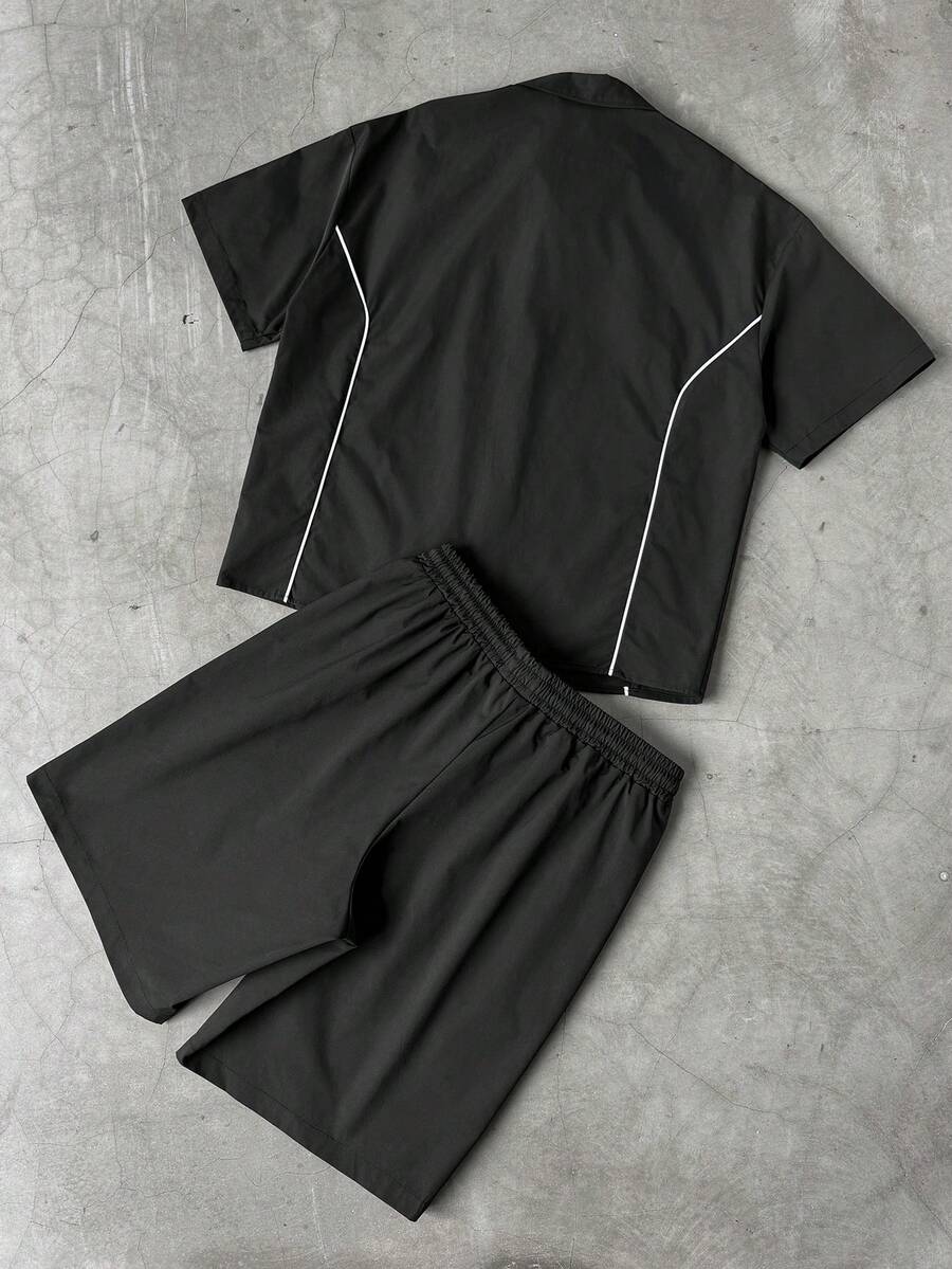 STYNVO 2 Peças/Conjunto Camisa de Manga Curta com Zíper Casual Masculina e Conjunto de Shorts com Cordão