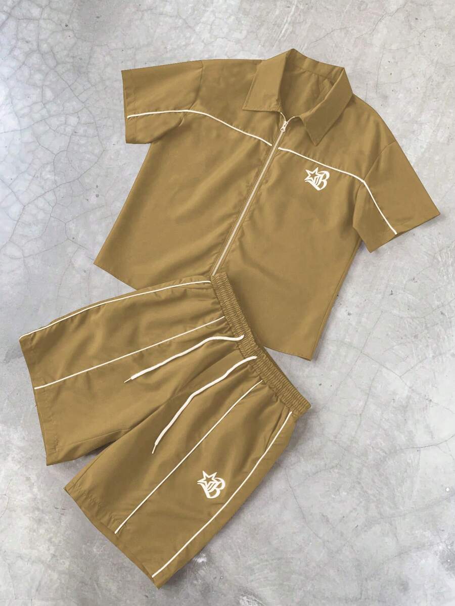 STYNVO 2 Peças/Conjunto Camisa de Manga Curta com Zíper Casual Masculina e Conjunto de Shorts com Cordão