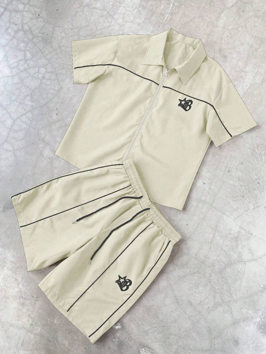 STYNVO 2 Peças/Conjunto Camisa de Manga Curta com Zíper Casual Masculina e Conjunto de Shorts com Cordão