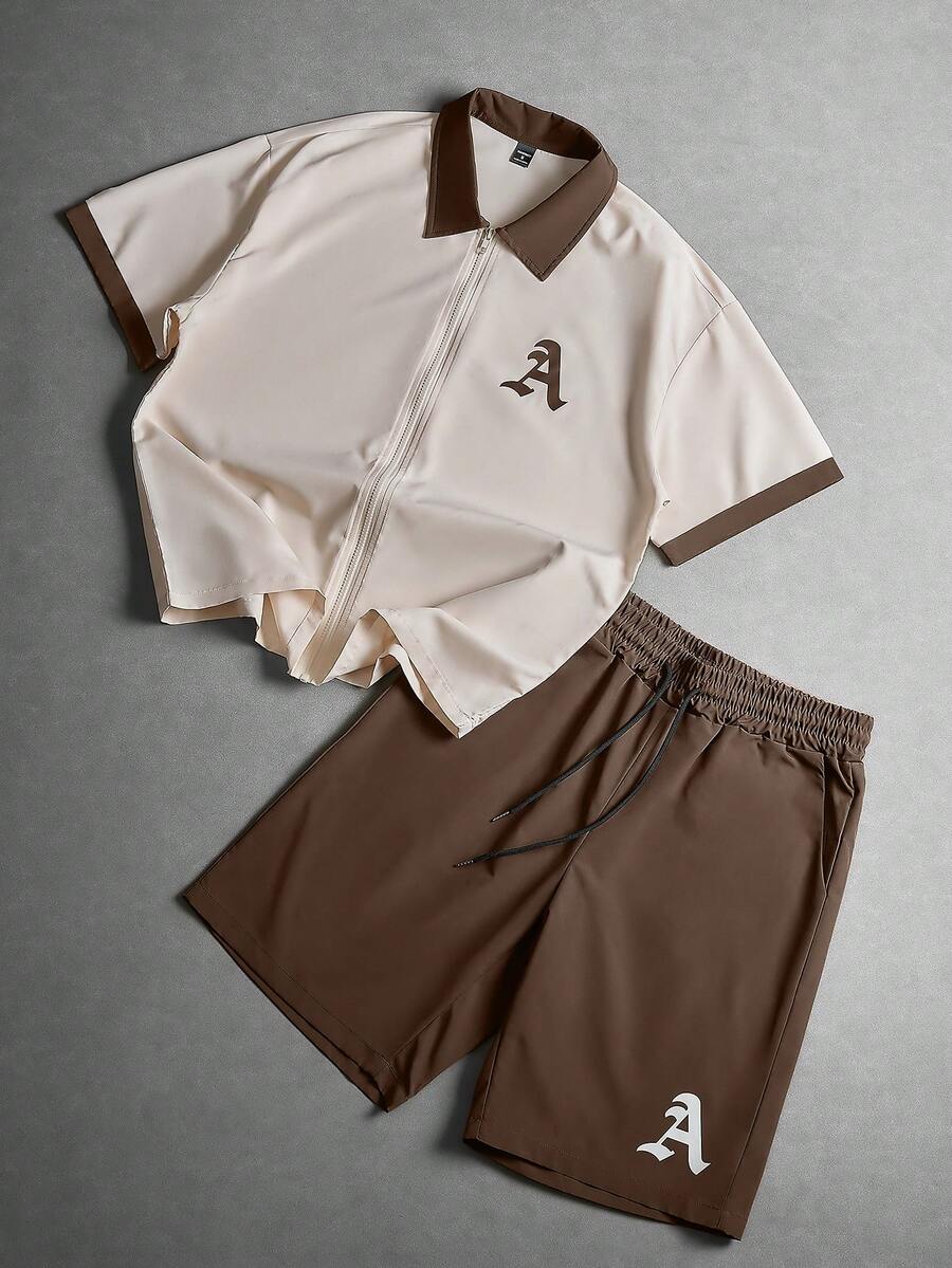 STYNVO 2 Peças/Conjunto Camisa de Manga Curta com Zíper Casual Masculina e Conjunto de Shorts com Cordão