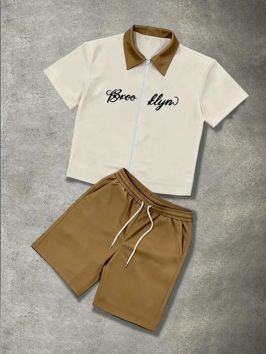 STYNVO 2 Peças/Conjunto Camisa de Manga Curta com Zíper Casual Masculina e Conjunto de Shorts com Cordão