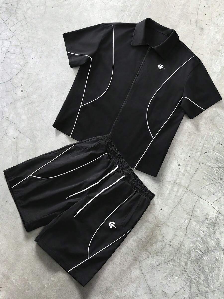 STYNVO 2 Peças/Conjunto Camisa de Manga Curta com Zíper Casual Masculina e Conjunto de Shorts com Cordão