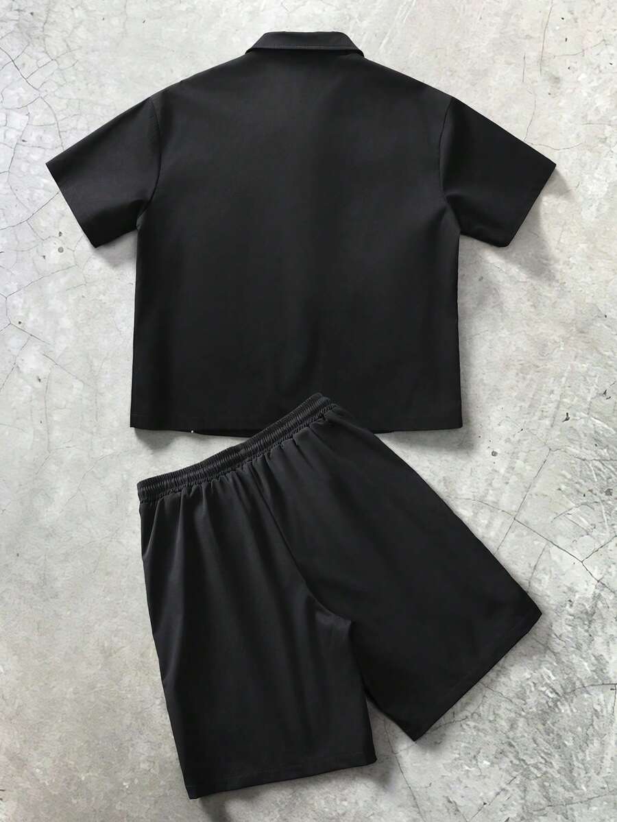 STYNVO 2 Peças/Conjunto Camisa de Manga Curta com Zíper Casual Masculina e Conjunto de Shorts com Cordão