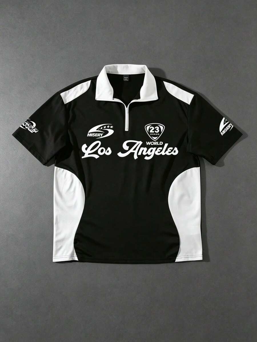 STYNVO Camisa Polo de Manga Curta Casual e Versátil com Estampa de Letra em Tela para Homens