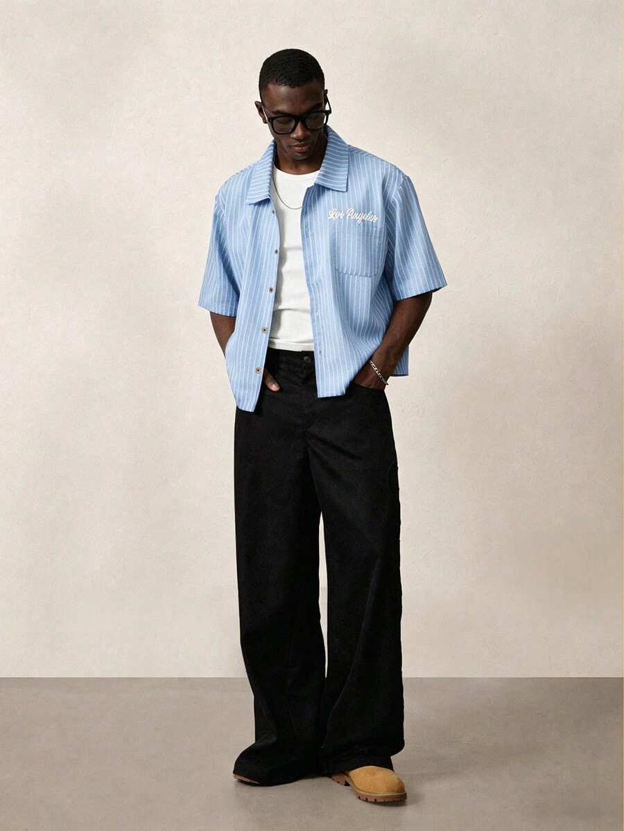 STYNVO Camisa Casual Masculina Listrada com Bordado de Letra, Verão