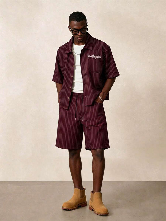 STYNVO Camisa de Manga Curta com Estampa de Listras e Letras e Shorts Casuais para Uso Diário