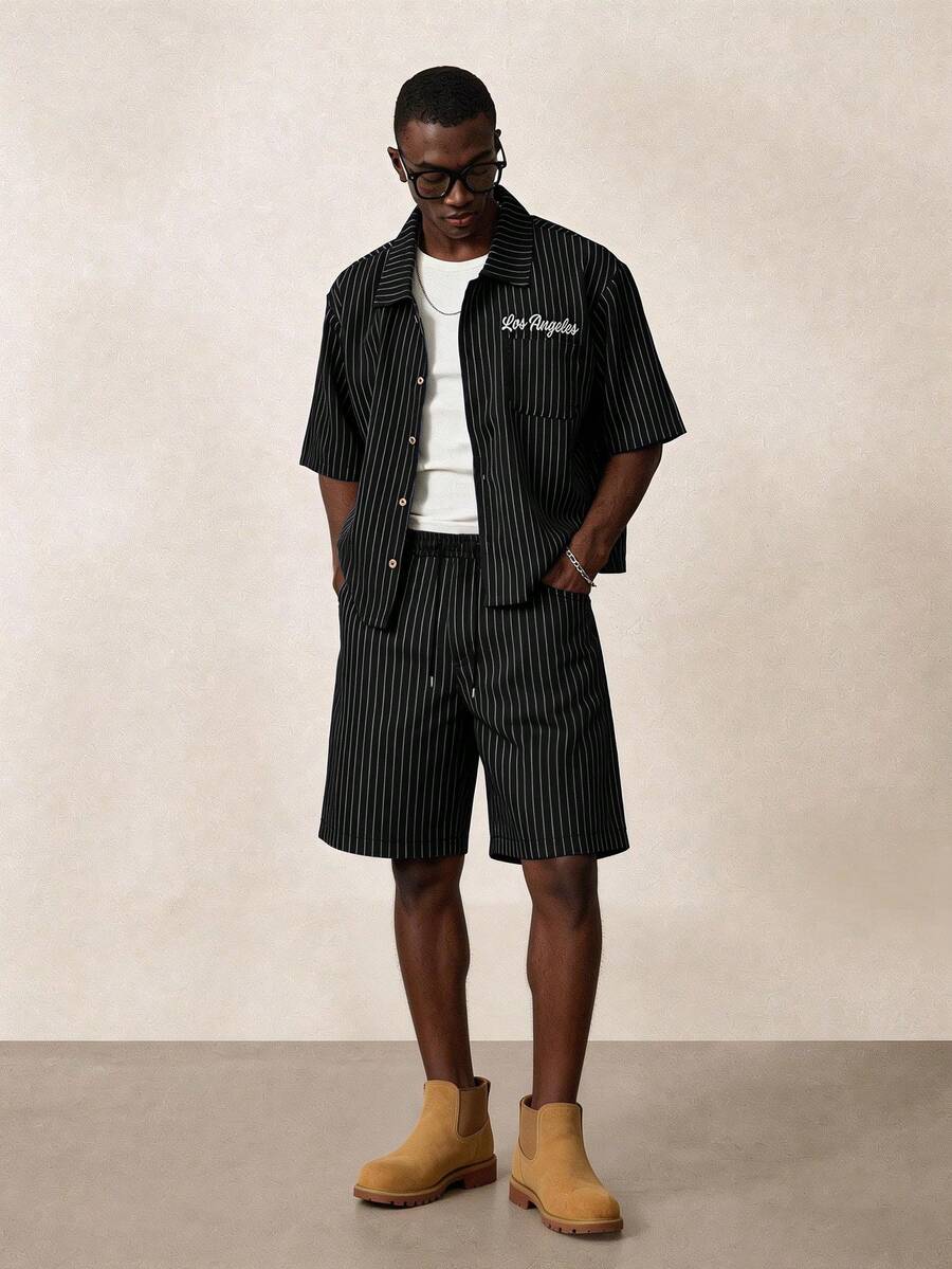 STYNVO Camisa de Manga Curta com Estampa de Listras e Letras e Shorts Casuais para Uso Diário
