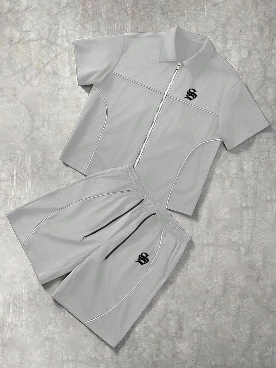 STYNVO Conjunto de Camisa de Manga Curta com Zíper e Estampa de Letra e Contraste de Pesponto e Shorts com Cordão na Cintura, Casual, Moda de Rua, Uso Diário, Verão