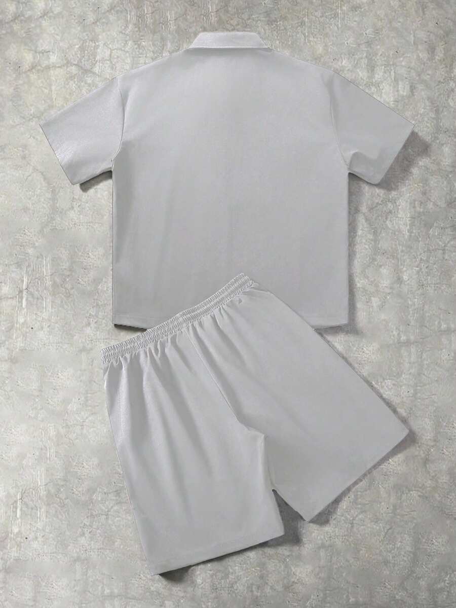 STYNVO Conjunto de Camisa de Manga Curta com Zíper e Estampa de Letra e Contraste de Pesponto e Shorts com Cordão na Cintura, Casual, Moda de Rua, Uso Diário, Verão