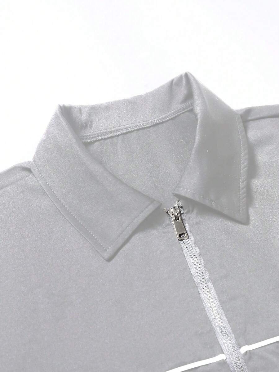 STYNVO Conjunto de Camisa de Manga Curta com Zíper e Estampa de Letra e Contraste de Pesponto e Shorts com Cordão na Cintura, Casual, Moda de Rua, Uso Diário, Verão