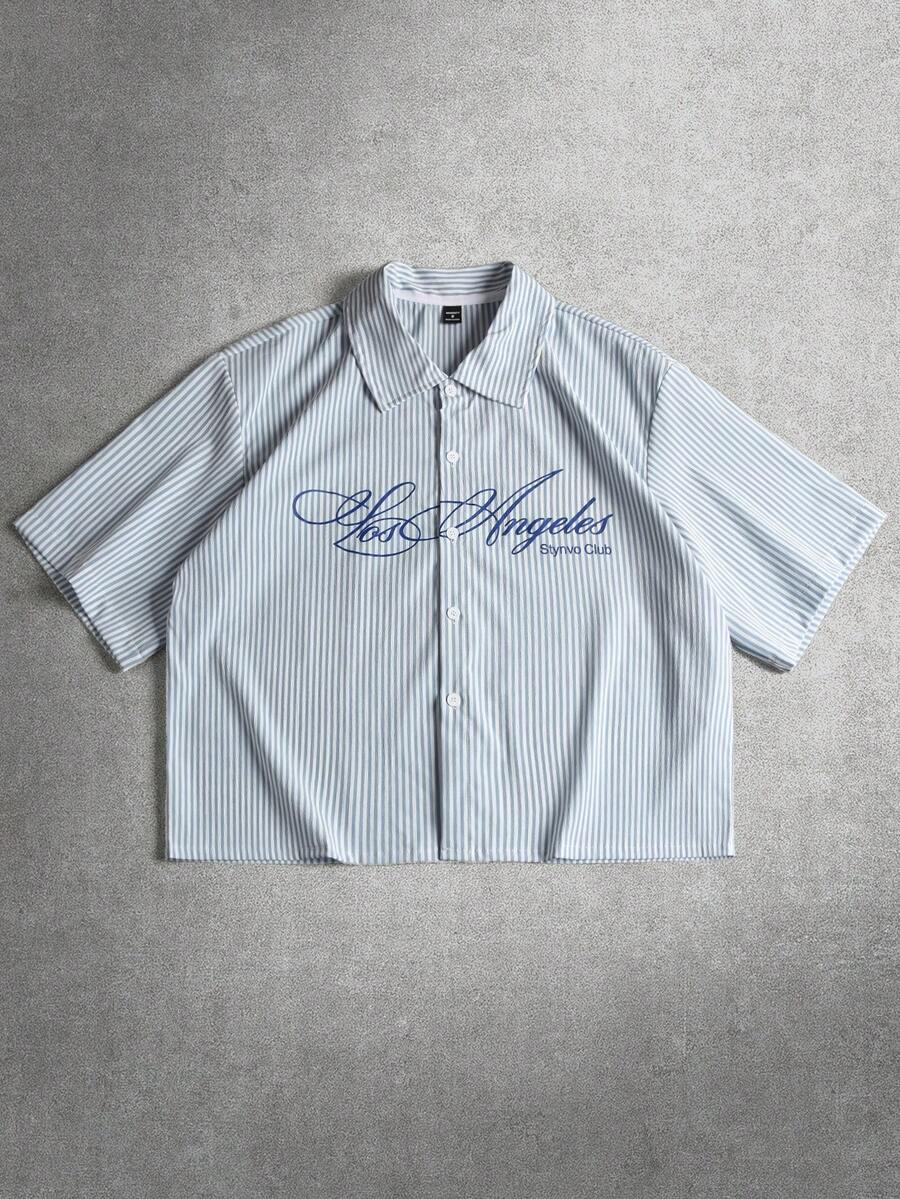 STYNVO Camisa Casual Masculina Listrada com Bordado de Letra, Verão