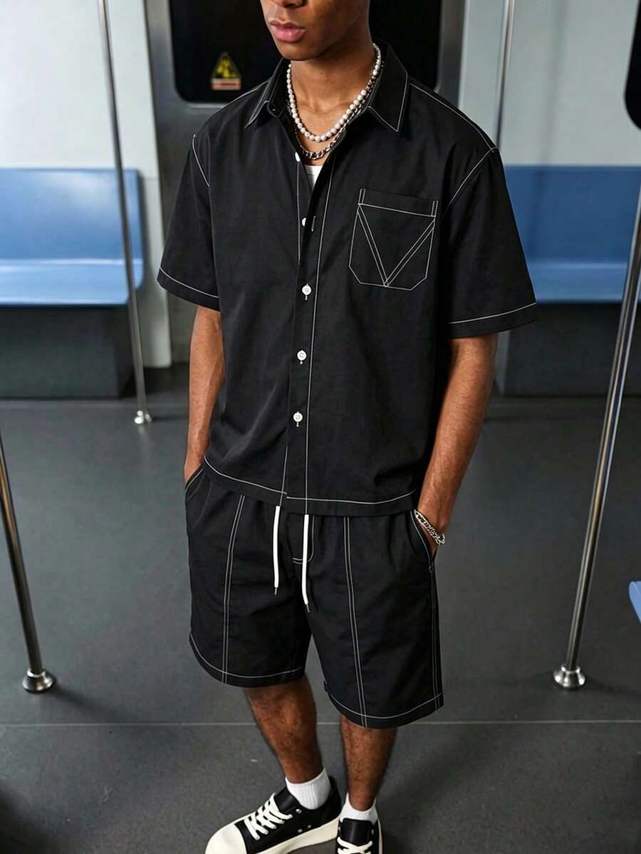 STYNVO 2 Peças/Conjunto Camisa de Manga Curta com Zíper Casual Masculina e Conjunto de Shorts com Cordão