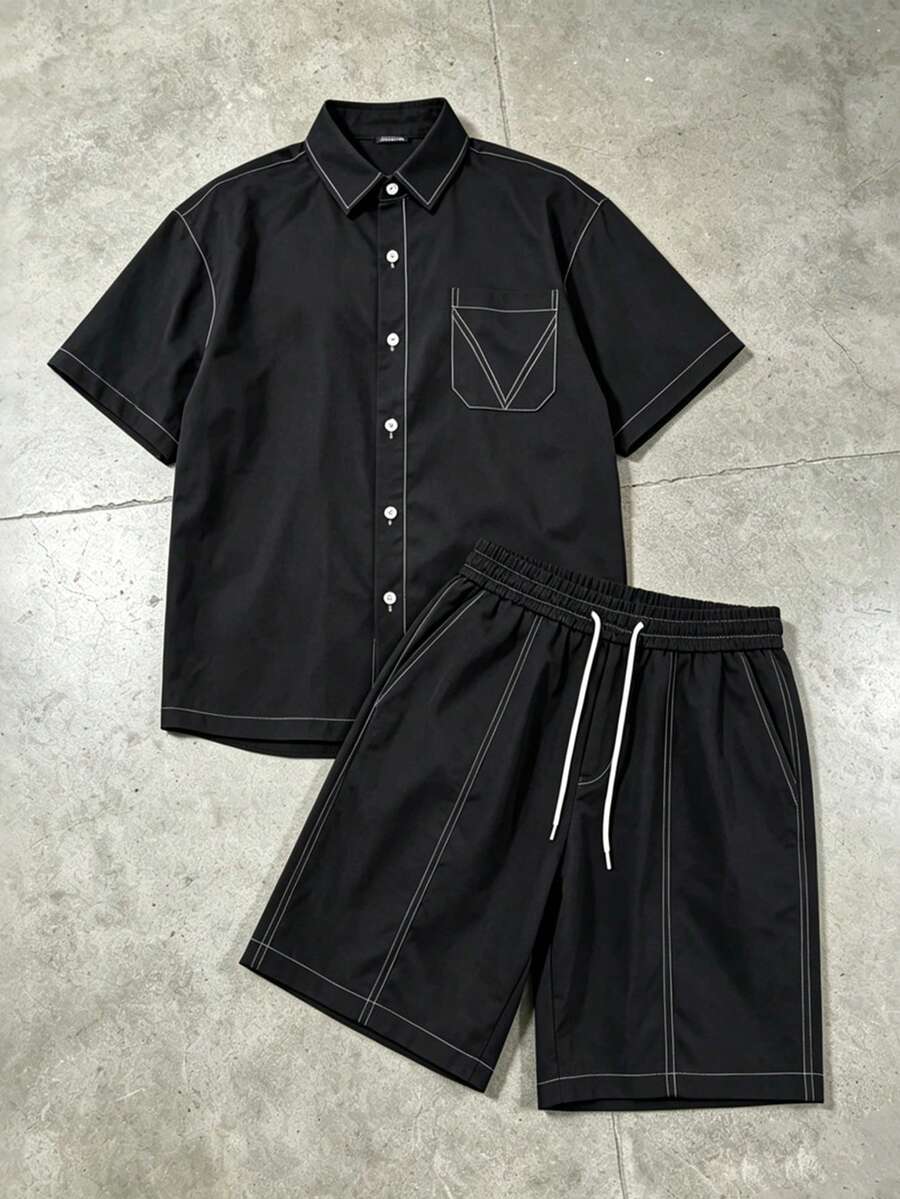 STYNVO 2 Peças/Conjunto Camisa de Manga Curta com Zíper Casual Masculina e Conjunto de Shorts com Cordão