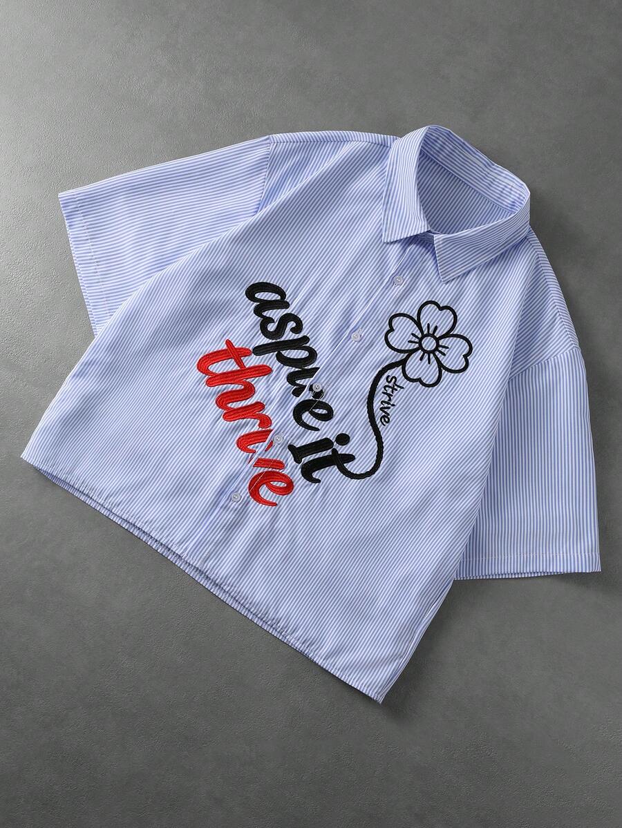 STYNVO Camisa Casual Masculina Listrada com Bordado de Letra, Verão
