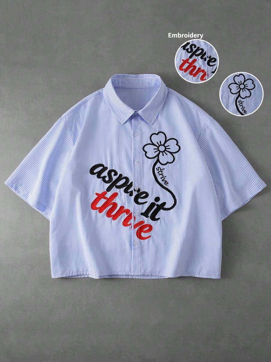 STYNVO Camisa Casual Masculina Listrada com Bordado de Letra, Verão