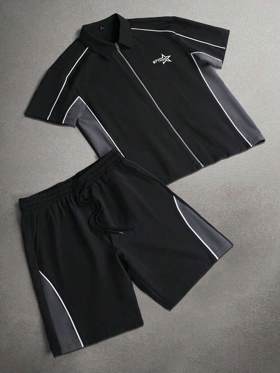 STYNVO 2 Peças/Conjunto Camisa de Manga Curta com Zíper Casual Masculina e Conjunto de Shorts com Cordão
