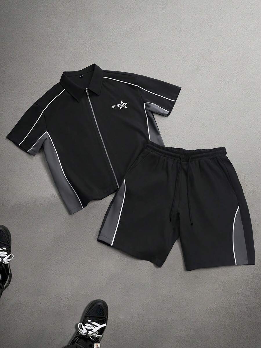 STYNVO 2 Peças/Conjunto Camisa de Manga Curta com Zíper Casual Masculina e Conjunto de Shorts com Cordão
