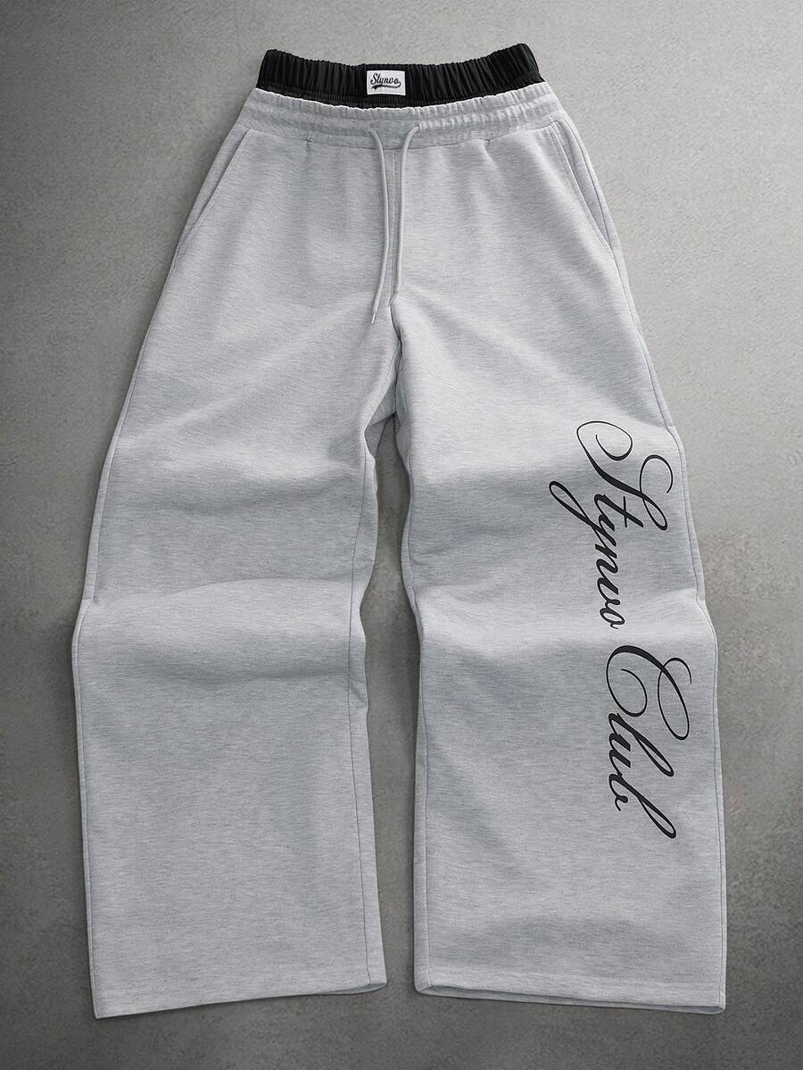 STYNVO Calça Masculina com Estampa de Letra, Cintura com Cordão e Bolso, Perna Larga