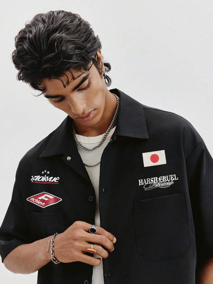 STYNVO Camisa Casual Masculina Listrada com Bordado de Letra, Verão