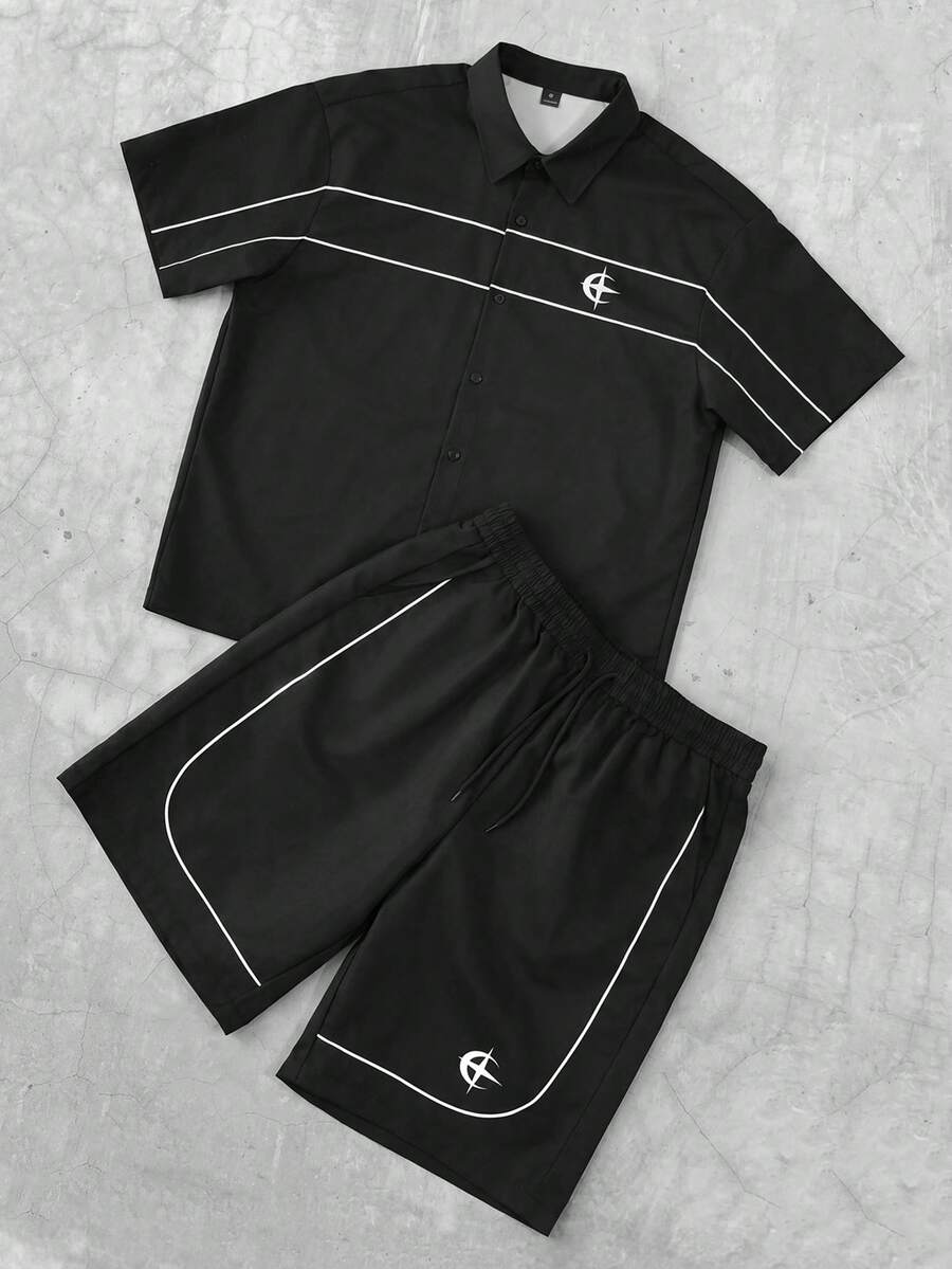 STYNVO 2 Peças/Conjunto Camisa de Manga Curta com Zíper Casual Masculina e Conjunto de Shorts com Cordão