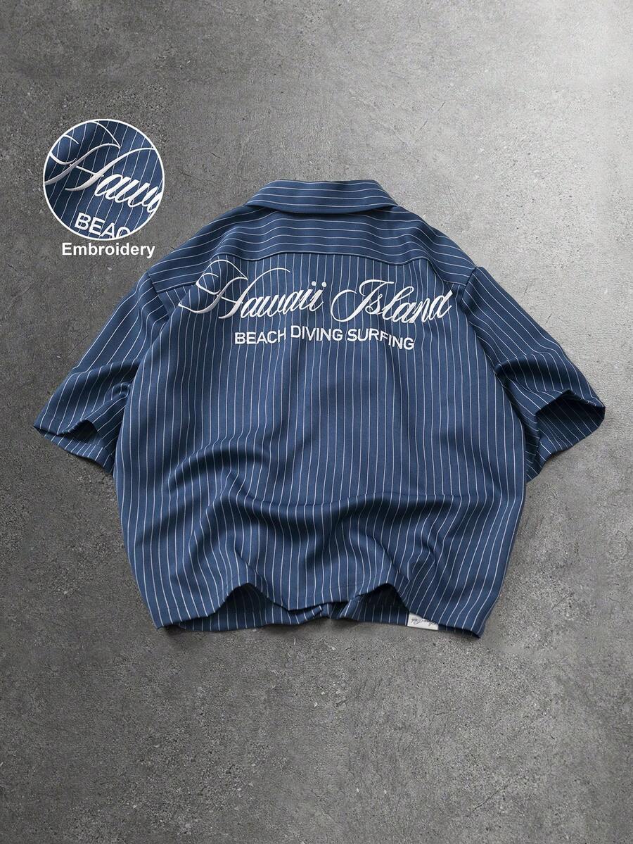 STYNVO Camisa Casual Masculina Listrada com Bordado de Letra, Verão