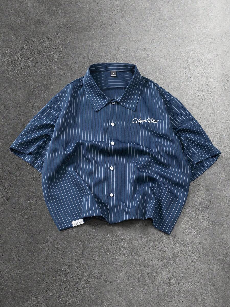STYNVO Camisa Casual Masculina Listrada com Bordado de Letra, Verão