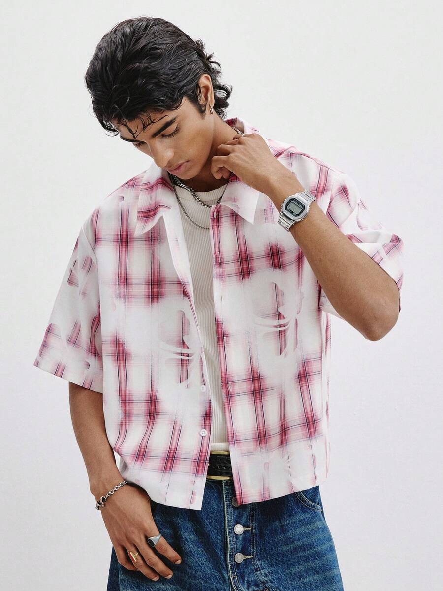 STYNVO Camisa Casual Masculina Listrada com Bordado de Letra, Verão