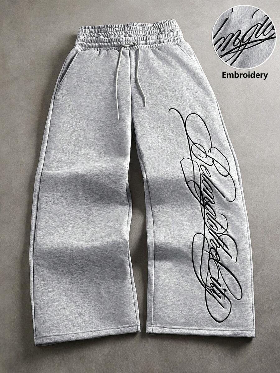 STYNVO Calça Masculina com Estampa de Letra, Cintura com Cordão e Bolso, Perna Larga