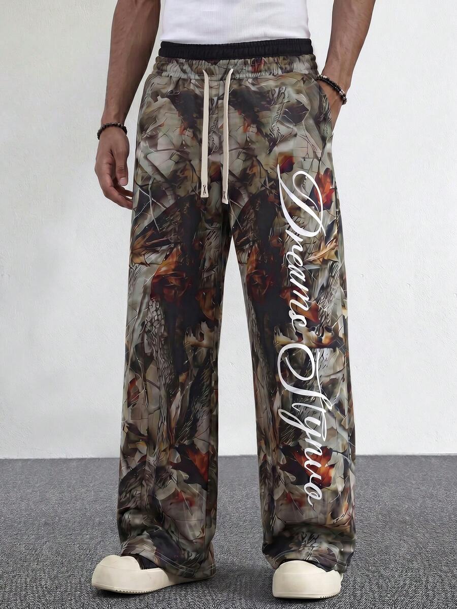 STYNVO Calça Masculina com Estampa de Letra, Cintura com Cordão e Bolso, Perna Larga