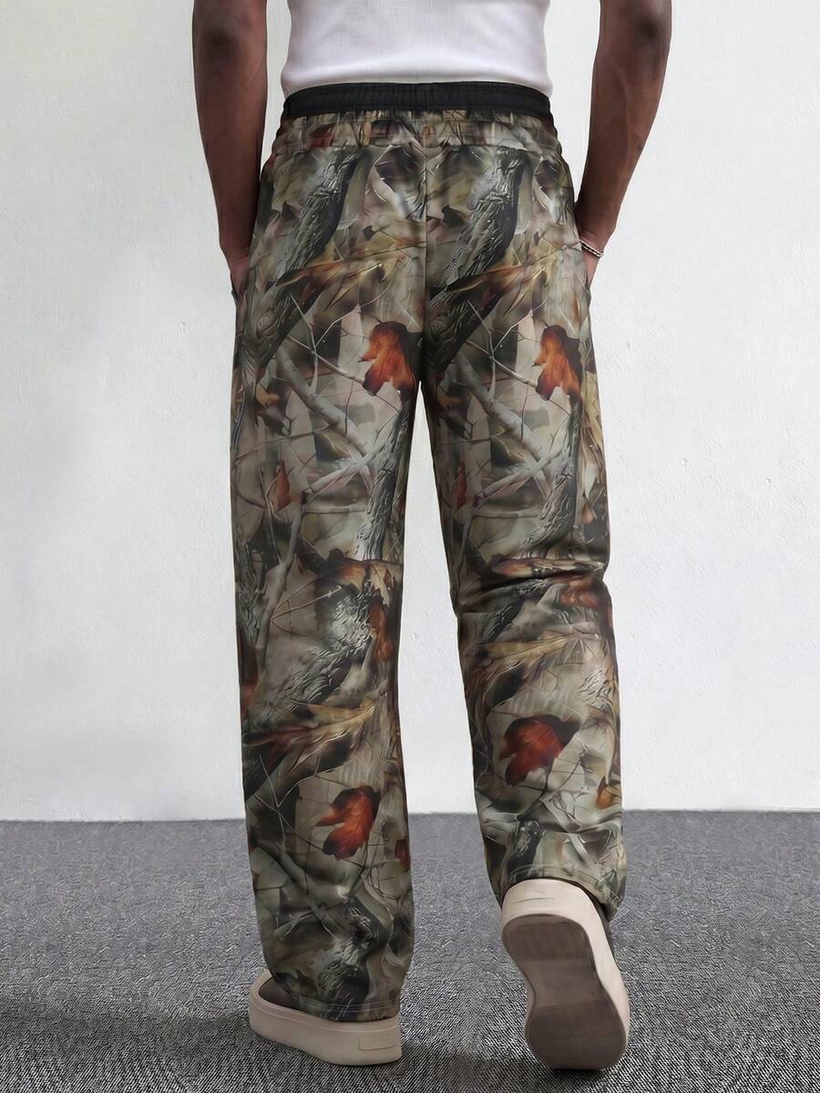 STYNVO Calça Masculina com Estampa de Letra, Cintura com Cordão e Bolso, Perna Larga